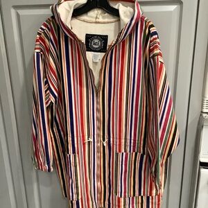 LEI Vtg Denim Red Blue Green Multi Colored Striped Hooded Full Zip Jacket Sz L